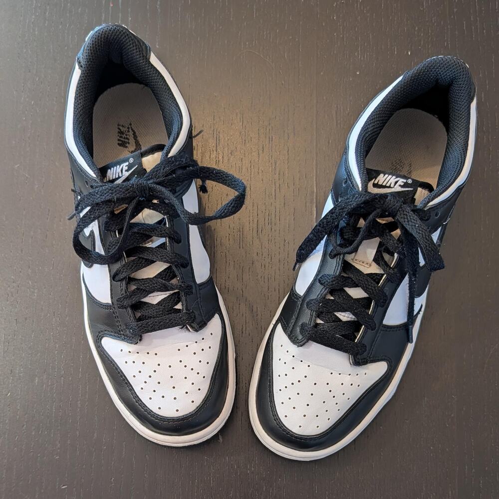 Nike Dunk Low Black White Panda Sneakers Youth 6.5 Leather Lace Up Athletic GS - Picture 2 of 5
